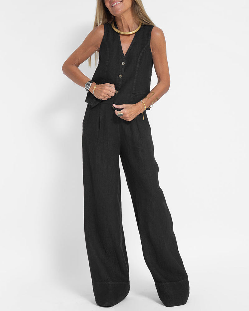 EVITA ™ | Linnen Elegante 2-Delige Set - Wijde Broek & Vest