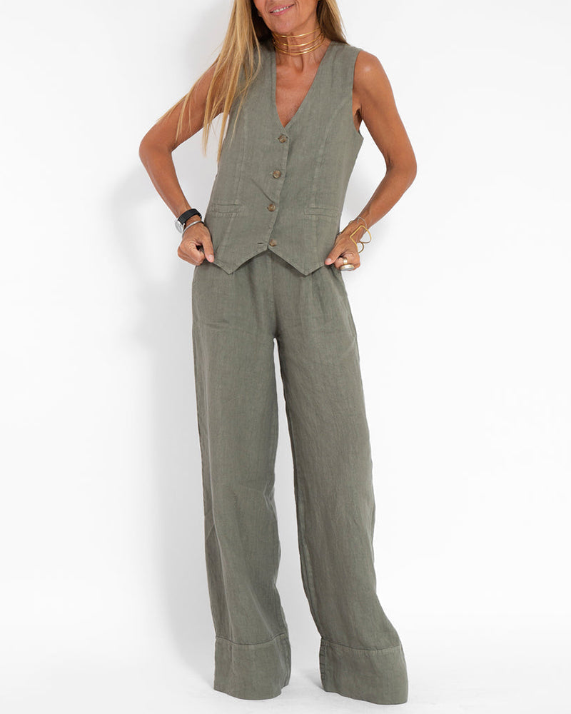 EVITA ™ | Linnen Elegante 2-Delige Set - Wijde Broek & Vest