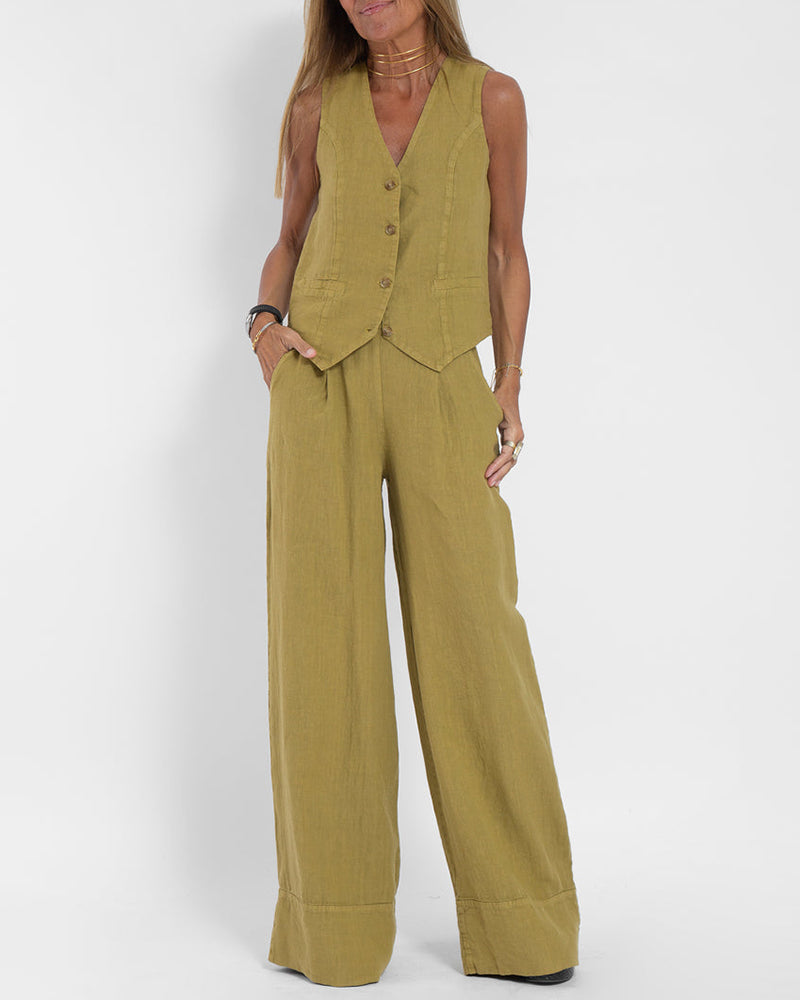 EVITA ™ | Linnen Elegante 2-Delige Set - Wijde Broek & Vest