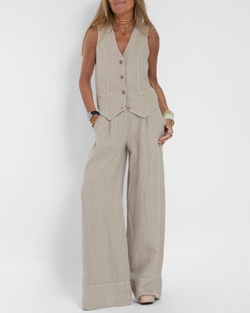 EVITA ™ | Linnen Elegante 2-Delige Set - Wijde Broek & Vest