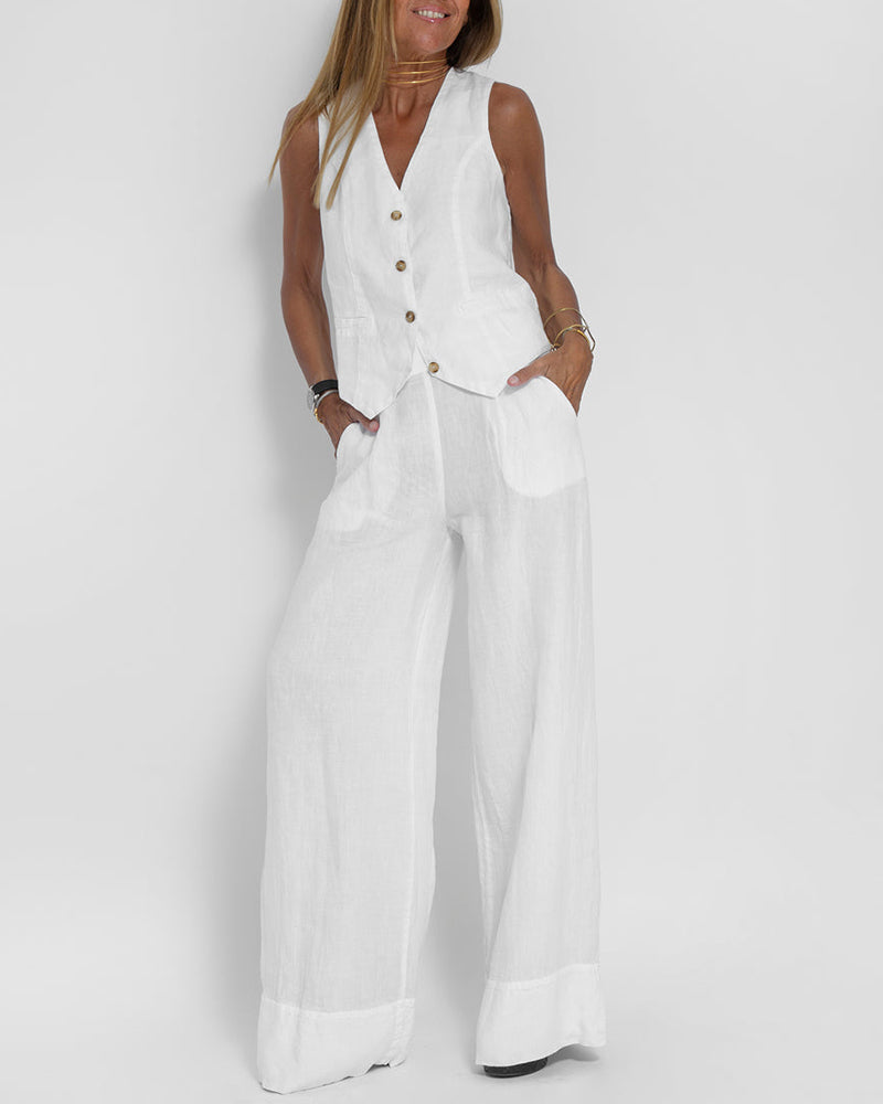 EVITA ™ | Linnen Elegante 2-Delige Set - Wijde Broek & Vest