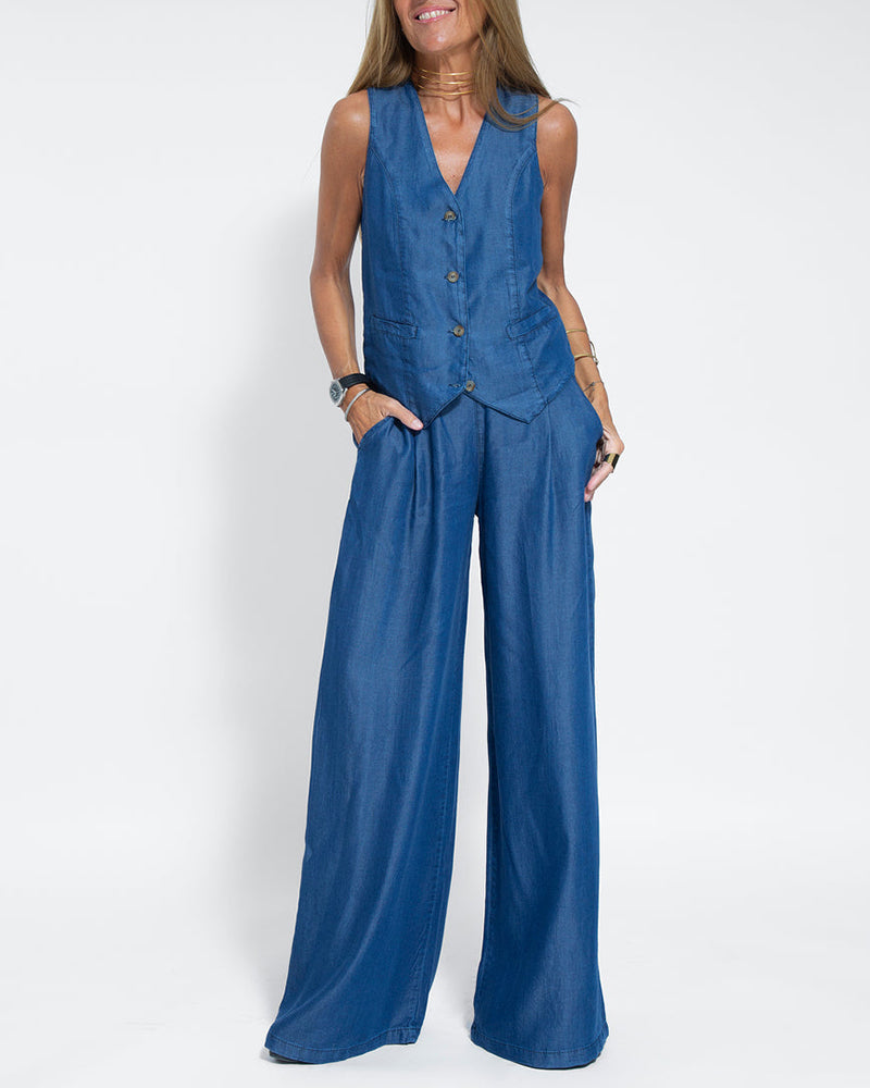 EVITA ™ | Linnen Elegante 2-Delige Set - Wijde Broek & Vest