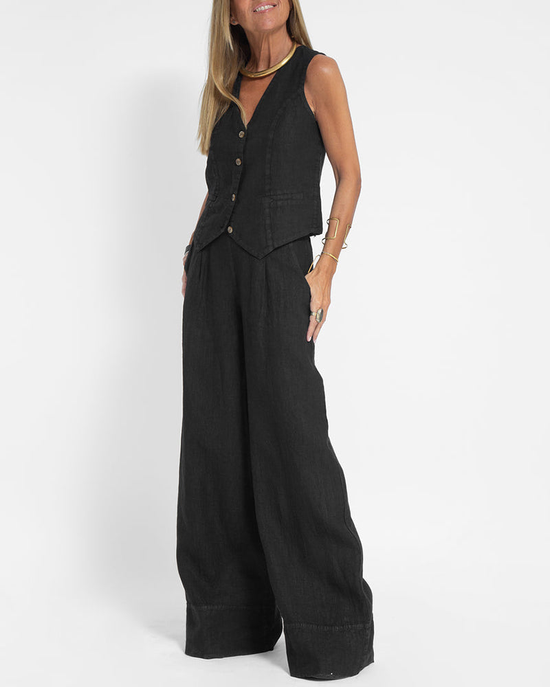 EVITA ™ | Linnen Elegante 2-Delige Set - Wijde Broek & Vest