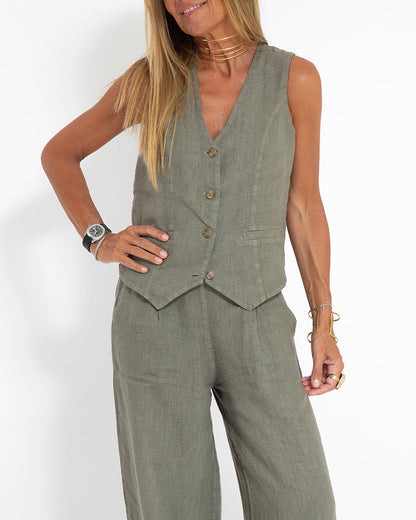 EVITA ™ | Linnen  Elegante 2-Delige Set - Wijde Broek & Vest